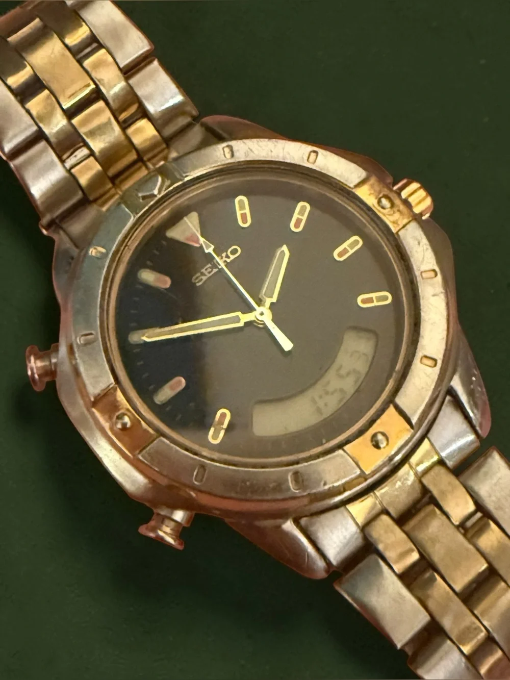 Vintage Seiko H801-7019 Ana-Digi Alarm Chronograph Two-Tone Black Dial Working